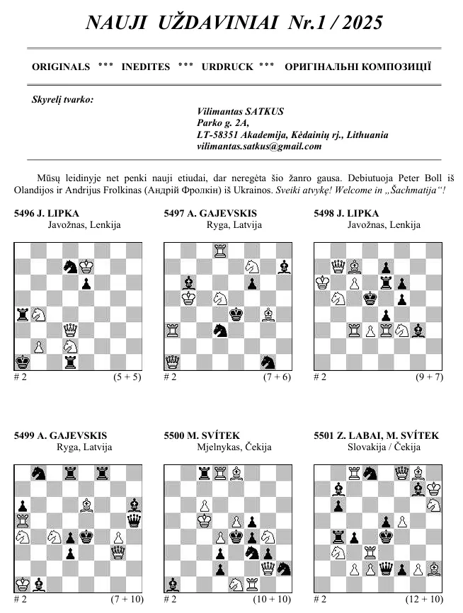 Nauji uždaviniai "Šachmatija" 2025 m. Nr. 1.Originals: 1/2025, solutions: 3/2024, awards from 2023 - #n, #3.