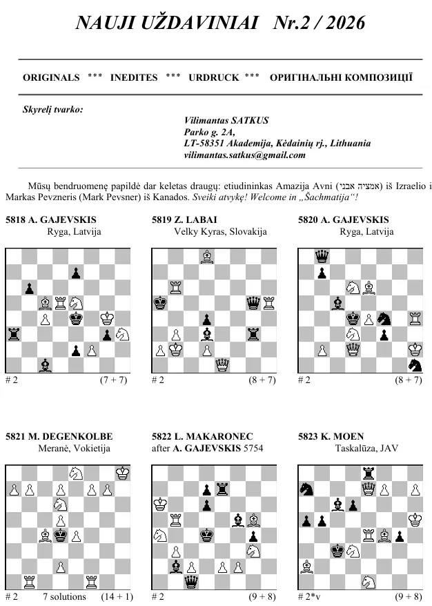 "Šachmatija" Nr.2/2026 nauji uždaviniai, Nr.4/2025 sprendimai, rezultatai #n, 2025.